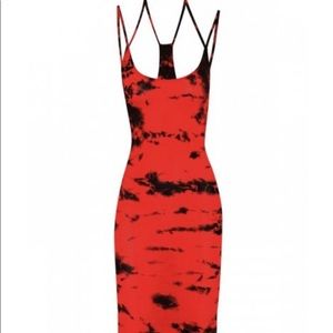 ENZA COSTA RED & BLACK TIE DYED COTTON MIDI DRESS